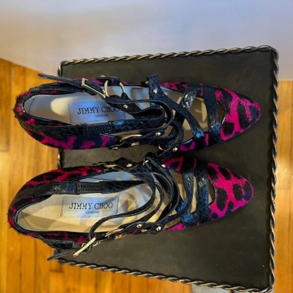 Jimmy Choo SZ 6 Fuchsia & Black Calf Hair Cheetah Print Heels - Picture 8 of 9